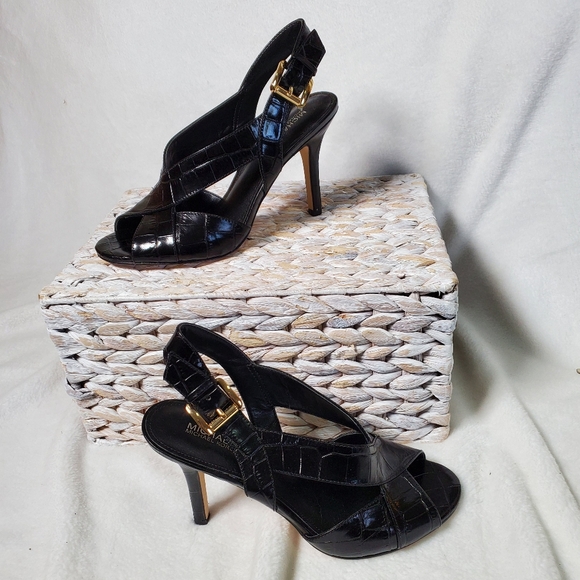 Michael Kors Shoes - Michael Kors Black Leather Croc Print Heel High Sandal Slingback Womens 7M NWOB